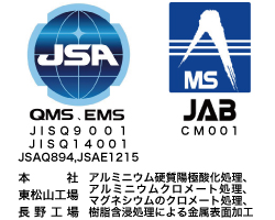 JSA,QMS,EMS,JISQ9001:2008,JISQ14001:2004,JSAQ894,JSAE1215,MS,JAB,QMS,EMS,Accreditations,R001,RE005,本社,松山工場,長野工場,アルミニウム硬質陽極酸化処理,アルミニウムクロメート処理,マグネシウムのクロメート処理,樹脂含浸処理による金属表面加工